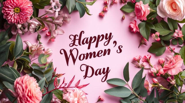 A celebratory Women's Day greeting, featuring elegant script and  surrounded by a vibrant floral arrangement on a pink background,  representing the beauty and grace of womanhood