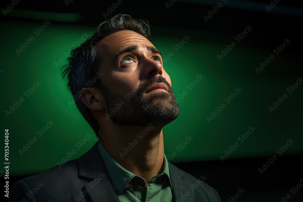 Poster a man in deep thought, set against a green screen, representing the introspective nature of personal