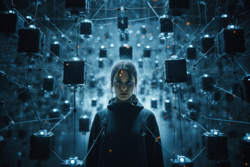 An isolated person surrounded by a digital grid, symbolizing the detachment experienced in the age...