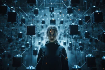 Foto op Canvas An isolated person surrounded by a digital grid, symbolizing the detachment experienced in the age of technology. Generative Ai. © Sebastian
