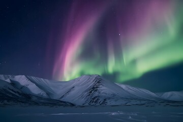 photo of the multi-colored aurora borealis in svalbard, norway, snowy mountain in the background, 1...