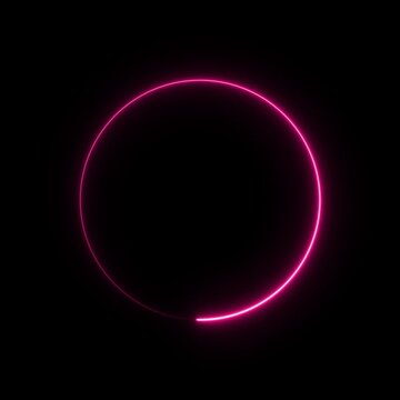 Bright thin neon pink circle in rotation swirling around glowing on a black background - looped -overlay isolated background