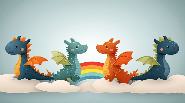 Cartoon Dragons with Rainbow on Clouds