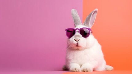 Cool bunny with sunglasses on colorful background.
