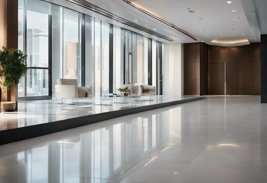 Hotel or office building lobby blur background interior view toward reception hall modern luxury white room space with blurry corridor and building glass wall window stock photoBackgrounds Office