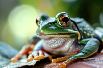 Fototapeten Closeup portrait of a green and yellow spotted wild frog sitting on fallen leaves © Маргарита Вайс