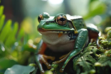 Poster Closeup portrait of a green and yellow spotted wild frog sitting on green plant leaves © Маргарита Вайс