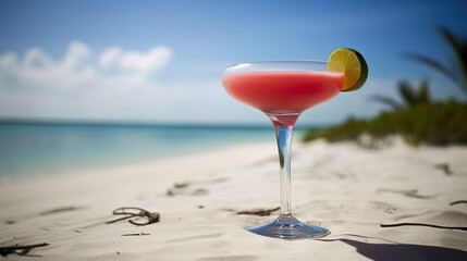 Freshly prepared delicious pink cocktail with a round piece of lime in a Margarita glass on the blurred seashore background - obrazy, fototapety, plakaty