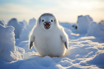 A penguin doing a goofy dance in a field of snow, showcasing the lighter side of the Arctic....