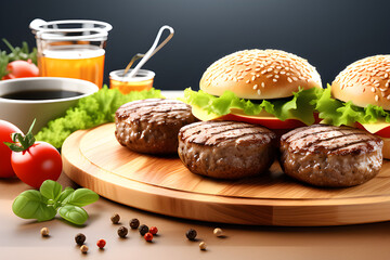 The combination of a three-dimensional 3D wallpaper on a wooden plate and a delicious beef burger generative ai
