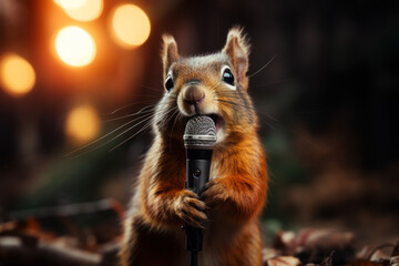 Fototapeta premium A squirrel with a tiny microphone, delivering a comedic monologue in the heart of the forest. Generative Ai.