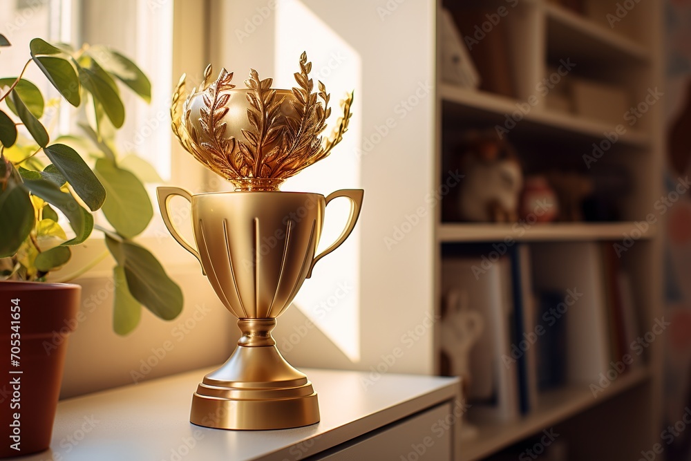 Wall mural winner's prize - a large golden cup on the windowsill on a blurred background of bookshelves