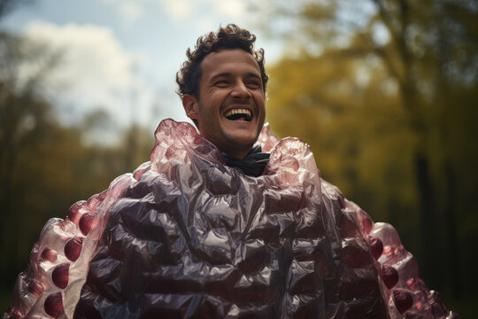 A person in a superhero cape made of bubble wrap, ready to conquer the world with laughter. Generative Ai.