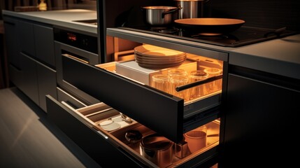 A modern Italian kitchen with black anodized aluminum frames, LED warm lights, and golden utensils in open drawers. Generative AI.