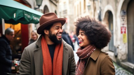 A joyful couple laughing and smiling in a bustling city. Generative AI.