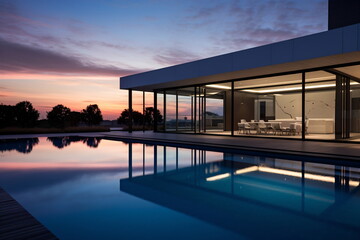 Modern house with pool and sunset view