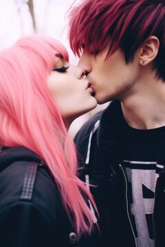 A passionate embrace between a young man and woman with pink hair. Generative AI.