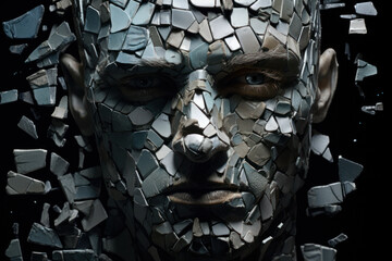 A fragmented self-portrait, pieced together from torn photographs, revealing the fractured nature of identity within a disordered mind. Concept of shattered self. Generative Ai.