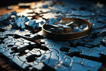 A fragmented jigsaw puzzle scattered across a table, portraying the intricate challenge of piecing together the shattered fragments of a disturbed mind. Generative Ai.