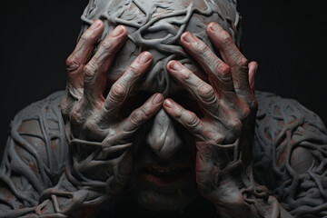 Fototapeta na wymiar A pair of hands tightly gripping the sides of the head, capturing the physical manifestation of the inner turmoil that plagues the mind. Concept of internal strife. Generative Ai.