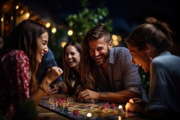 A board game night with friends, the couple strategizing and laughing together, symbolizing the collaborative nature of a strong partnership. Concept of shared gamesmanship. Generative Ai.