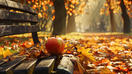 An apple on a bench in an autumn park covered with a carpet of multi colored leaves