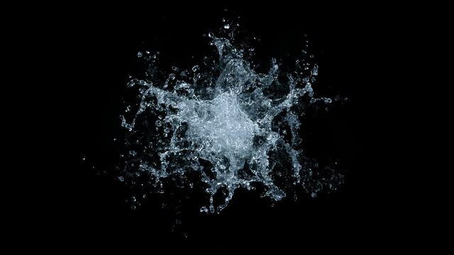 Super Slow Motion Shot of Real Water Splash Explosion from Surface Isolated on Black at 1000fps.