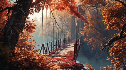 A promising view of the bridge framed by autumn trees with orange and red leaves