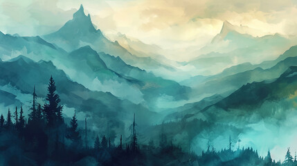 A romantic landscape with mountains immersed in a haze created by soft transitions of watercolor s - obrazy, fototapety, plakaty