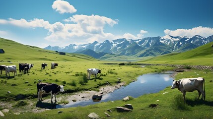 Cows grazing in a lush green valley with snow-capped mountains in the distance