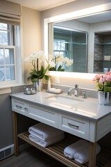 Modern bathroom interior with flowers and towels