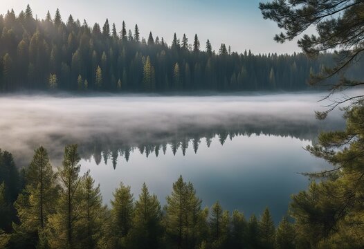 Morning fog over a beautiful lake surrounded by pine forest stock photo stock photoForest Lake Mountain Backgrounds