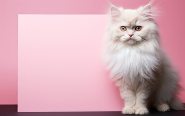 White cat with a blank notepad and skeptical look on pastel pink background and copy paste.