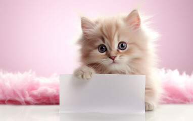 Little adorable kitten holding blank paper for copy space, message. Pastel pink composition, adorable messages, love, pets.