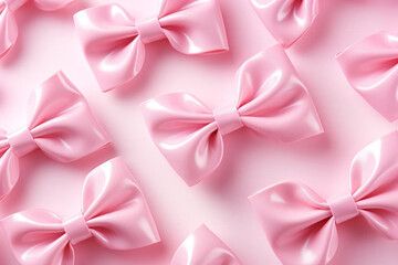 Pattern of many pastel pink silk bows. Monochromatic colors. Concept of love, gifts, fashion and trend.
