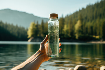 A person holding a reusable water bottle, embracing the eco-friendly habit of staying hydrated while reducing single-use plastic waste. Concept of sustainable hydration. Generative Ai. - obrazy, fototapety, plakaty