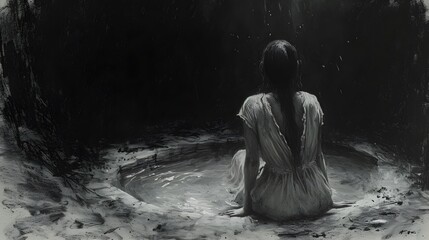 Monochrome Artwork of a Woman inside a Dark, Water Hole in a Surreal Environment. Creepy artwork. VHS wallpaper. Spooky painting.
