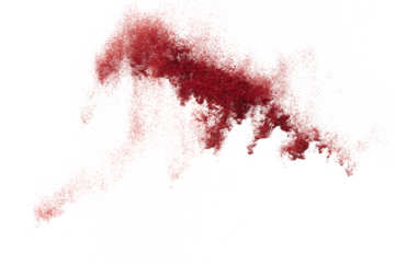 Red metallic glitter sparkle explosion in air. Red Glitter sand spark blink celebrate Chinese new year, fly throw red glitters particle. White background isolated, selective focus Blur bokeh