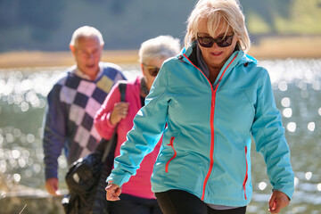 Obraz premium A family shares delightful moments with their friends amid the stunning landscapes of mountains, lakes, and winding paths, promoting a healthy lifestyle and the joy of familial bonds in the embrace of