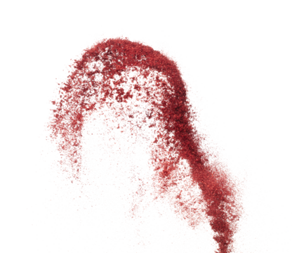 Red metallic glitter sparkle explosion in air. Red Glitter sand spark blink celebrate Chinese new year, fly throw red glitters particle. White background isolated, selective focus Blur bokeh