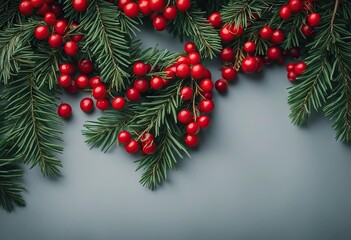 Christmas or winter background with a border of evergreen branches and red berries stock photoVacations Backgrounds Winter Christmas