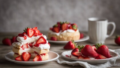 Strawberry shortcake tartlets with whipped cream and fresh strawberries on wooden background