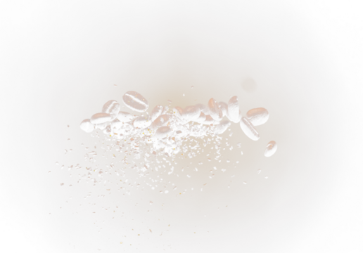 Coffee roasted bean ground fly explosion, Coffee crushed ground float pouring mix with beans. Roasted Coffee bean powder ground dust splash explosion in mid Air. Black background Isolated gold bokeh