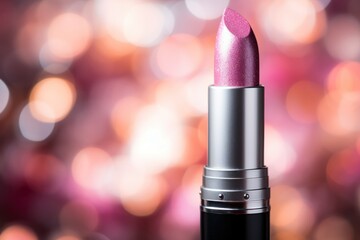 Shimmering Purple Lipstick on a Sparkling Bokeh Background, Horizontal Poster or Sign with Open Empty Copy Space for Text 
 - obrazy, fototapety, plakaty