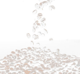 Coffee roasted bean fly explosion, Coffee crushed float pouring mix with beans. Roasted Coffee bean splash explosion in mid Air. Black background Isolated selective focus blur