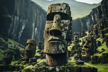 Naklejka na ściany i meble AI-Generated Easter Island Style Statues