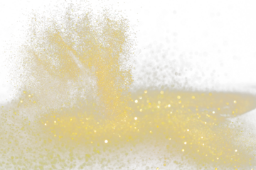 Explosion metallic gold glitter sparkle. Golden Glitter powder spark blink celebrate, blur foil explode in air, fly throw gold glitters particle. Black background isolated, selective focus Blur bokeh