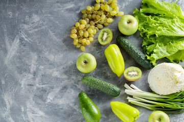 Fresh Green Fruits and Vegetables on Concrete, Top View, Copy Space