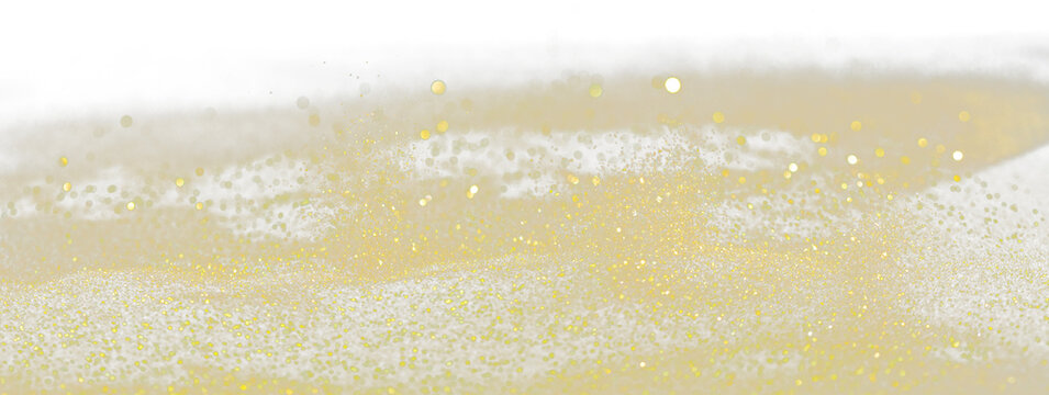Explosion metallic gold glitter sparkle. Golden Glitter powder spark blink celebrate, blur foil explode in air, fly throw gold glitters particle. Black background isolated, selective focus Blur bokeh
