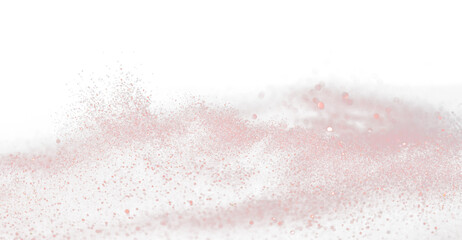 Explosion metallic red glitter sparkle. rose Glitter powder spark blink celebrate, blur foil explode in air, fly throw red glitters particle. Black background isolated, selective focus Blur bokeh